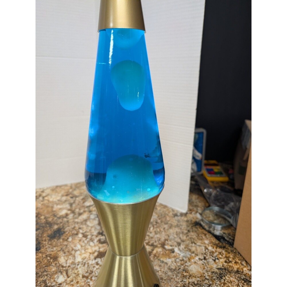VINTAGE 90s LAVA LITE LAMP ENCHANTRESS BLUE LIQUID WHITE LAVA GOLD BASE